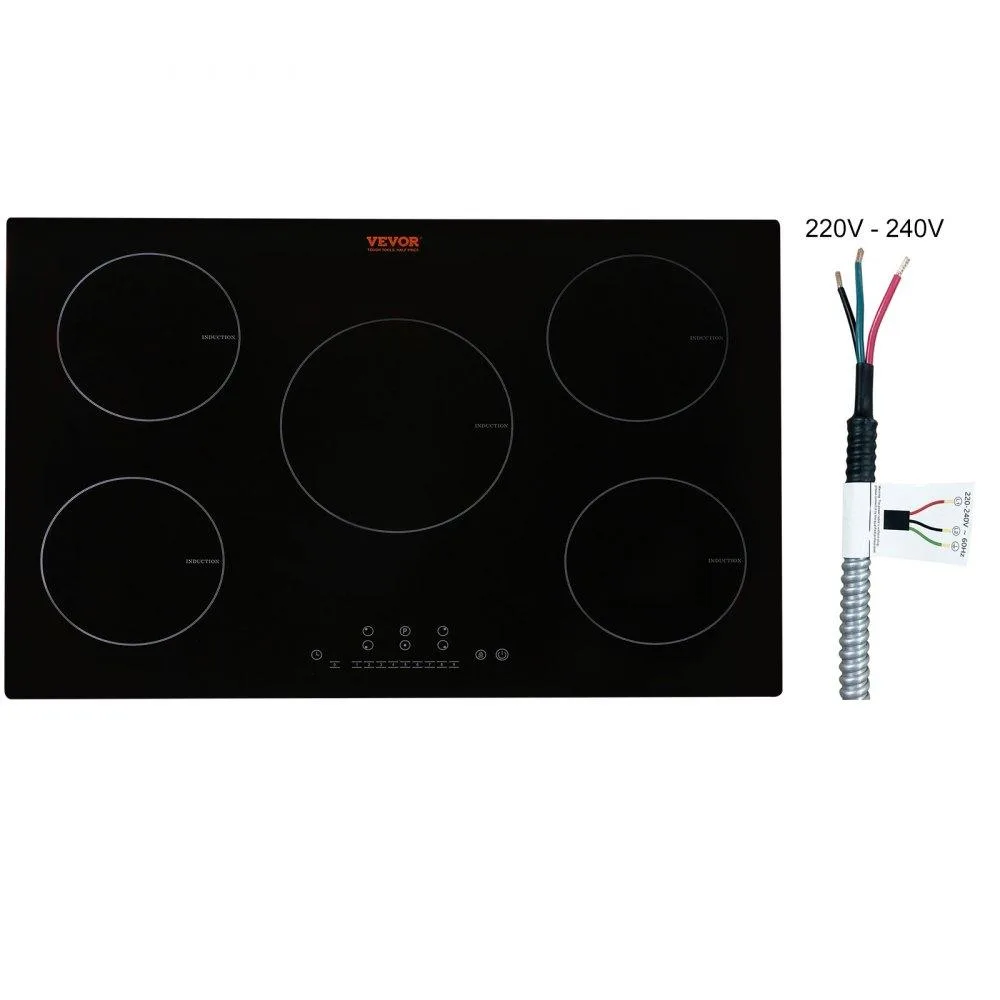 Black ceramic glass induction cooktop with five circular zones and touch controls