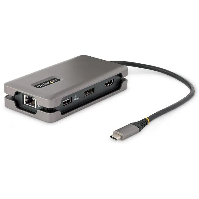 Compact silver USB-C dock with short attached cable and multiple ports