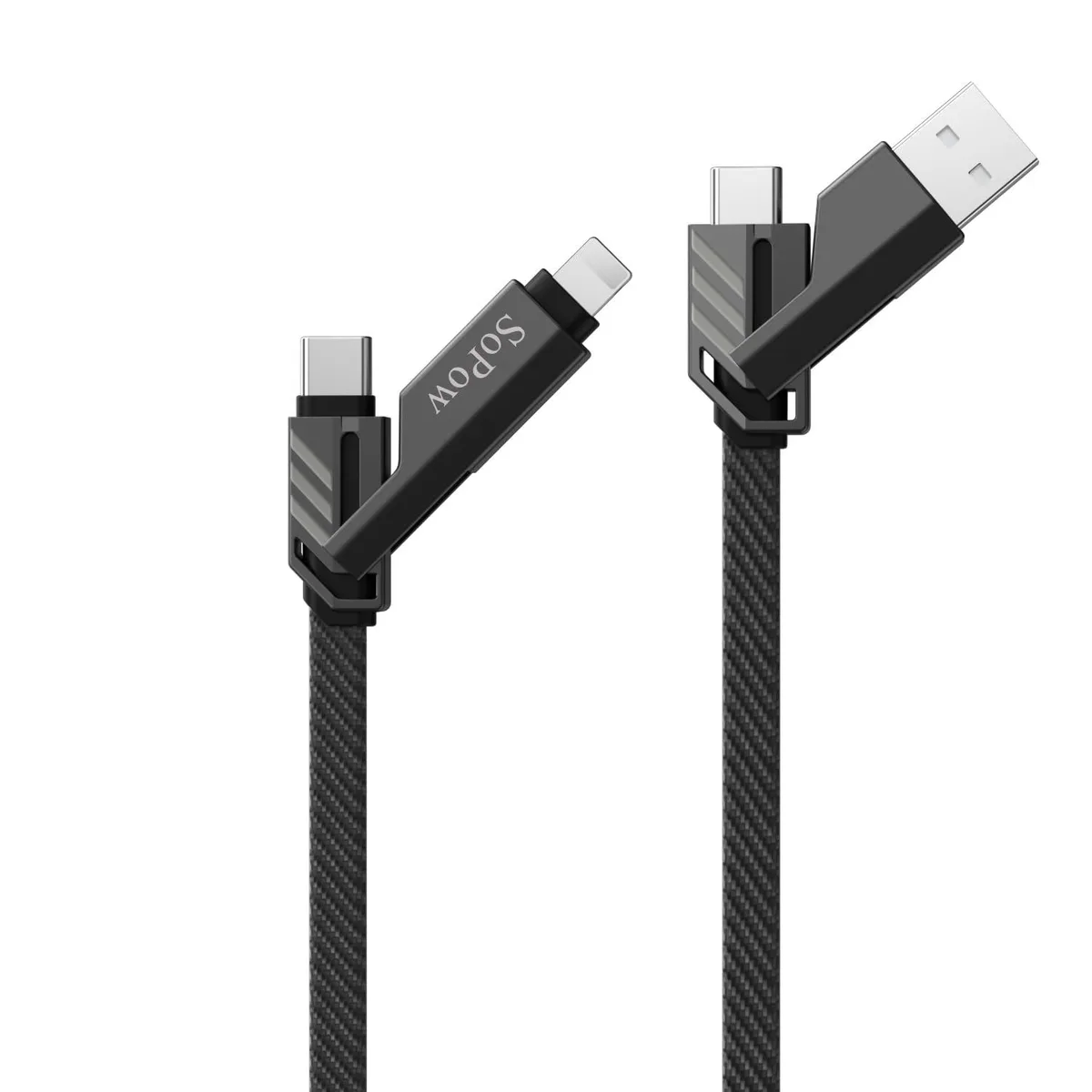 Black flat braided 5 ft USB-C 4-in-1 cable with zinc alloy connectors