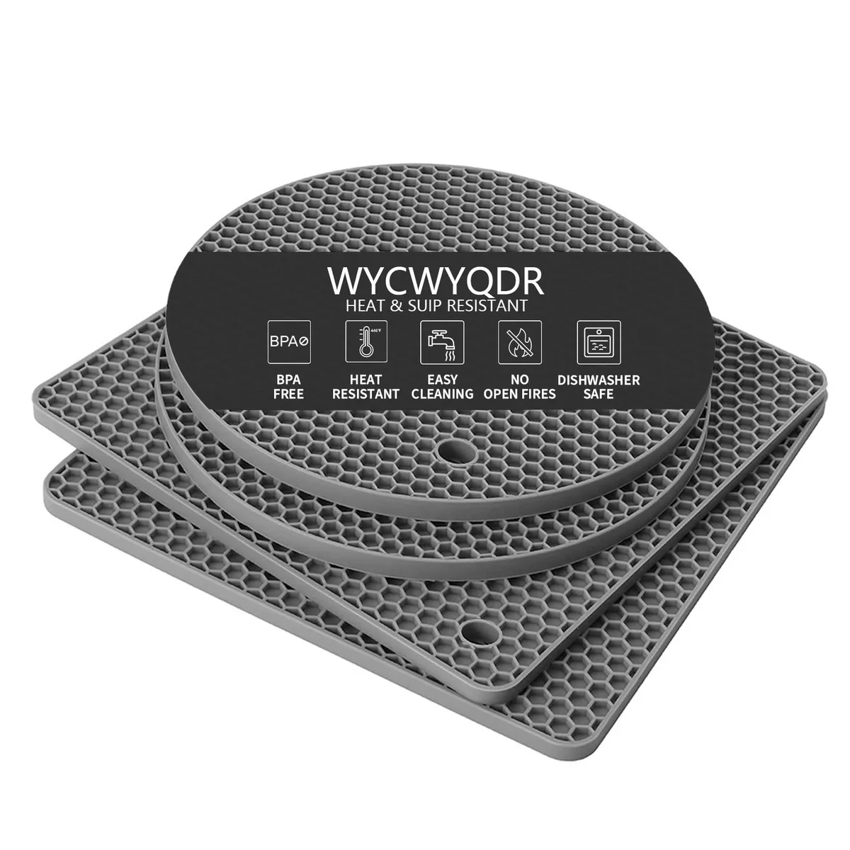 Four round grey silicone trivet mats, 6.9in diameter, 0.23in thick, honeycomb texture