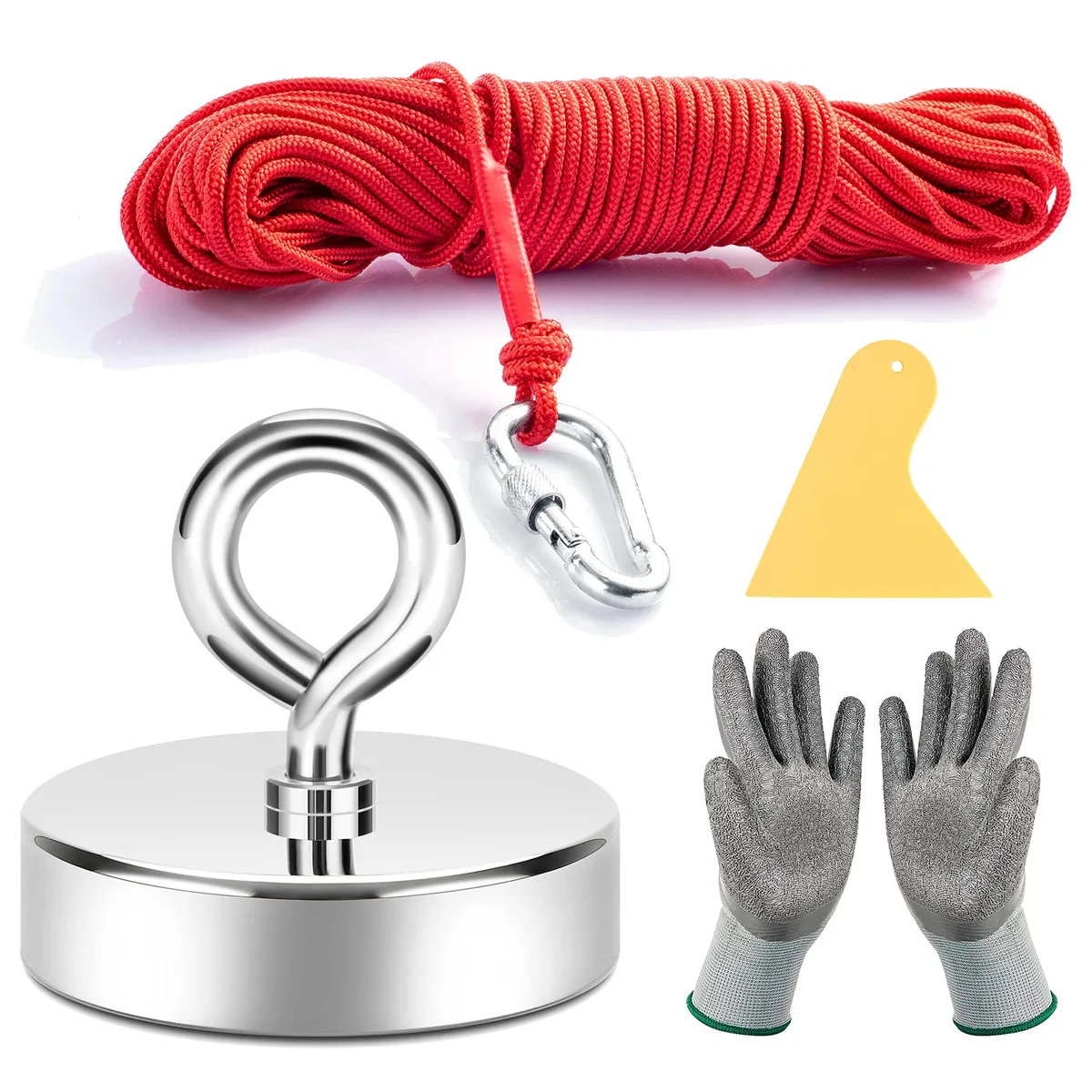 Silver neodymium fishing magnet with 66 ft paracord rope