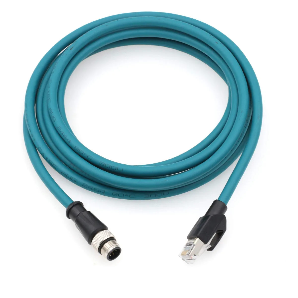 Dark-green industrial Ethernet cable with M12 and RJ45 connectors, 3 meter length