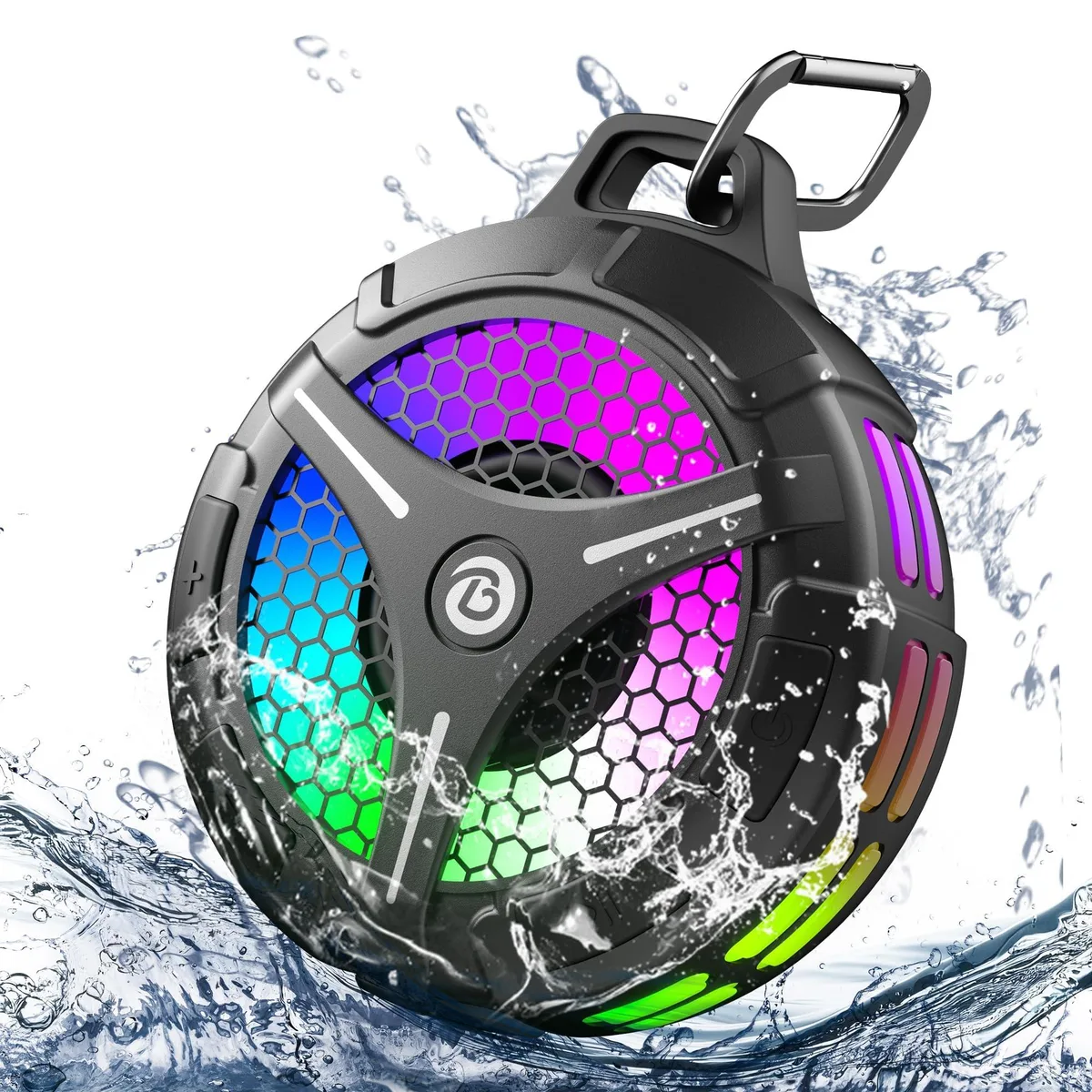Compact black cube speaker with suction cup, 3.5 by 4.5 inches