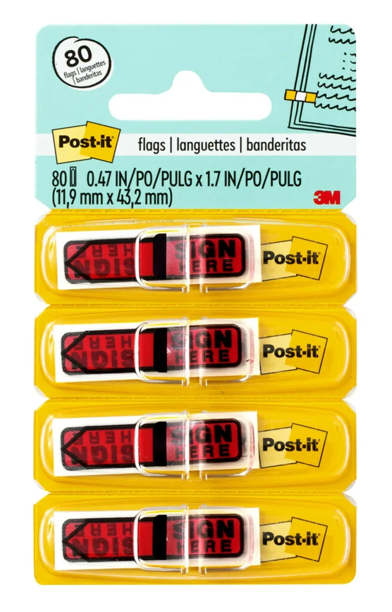 Four small red plastic dispensers holding Sign Here flags