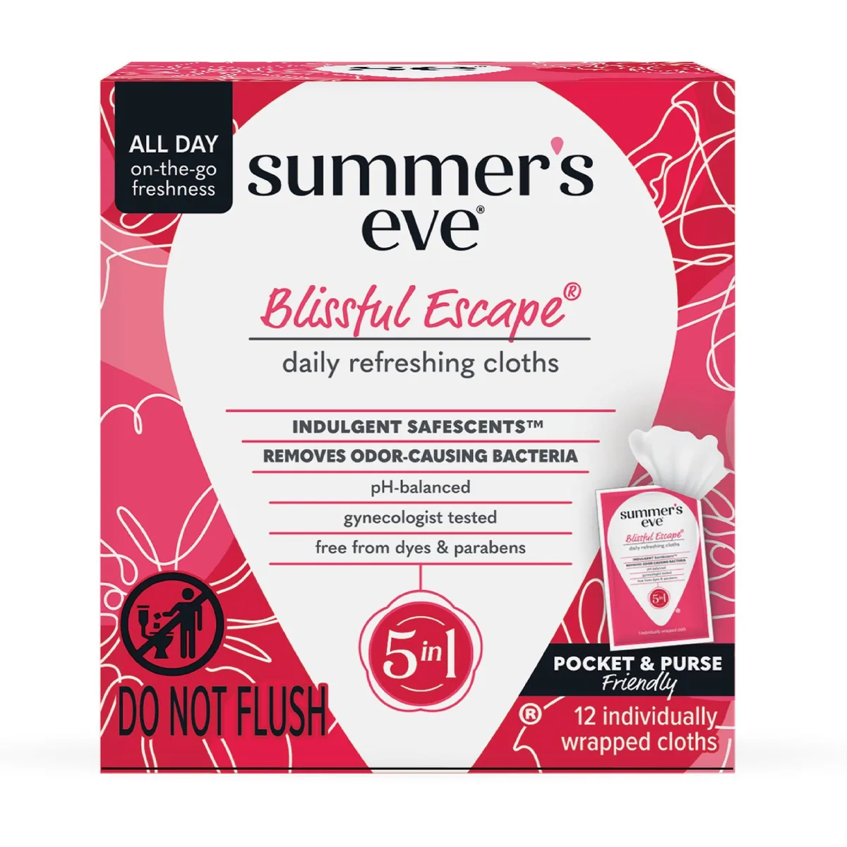 Twelve individually wrapped feminine wipes in a compact box
