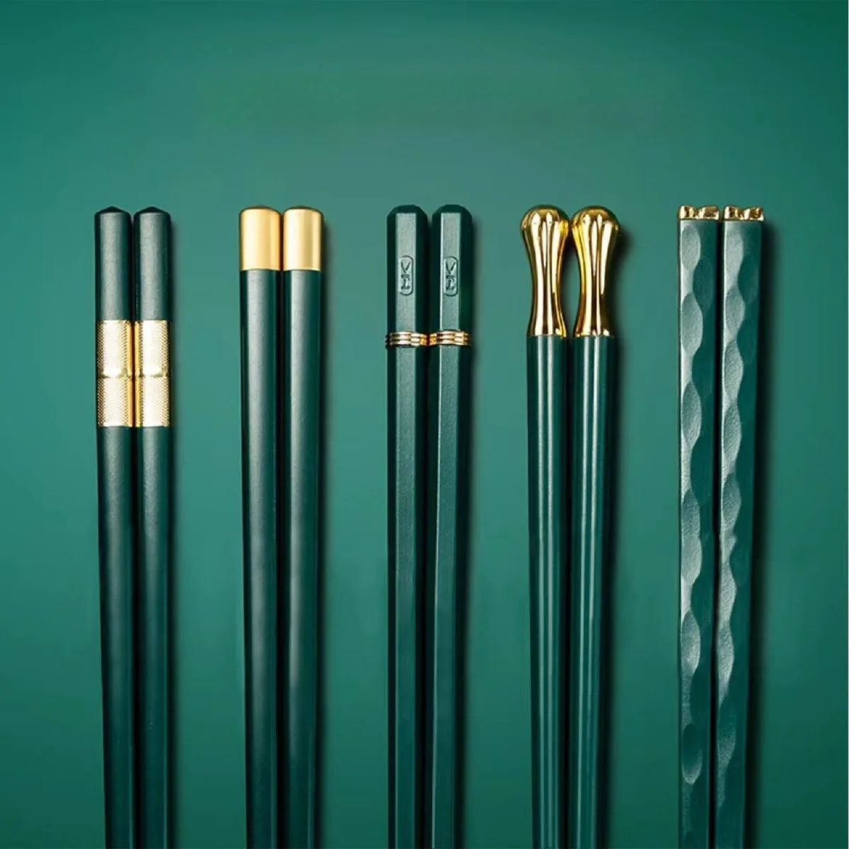 Five pairs of square-tipped fiberglass chopsticks in assorted matte colours, 9.5in long