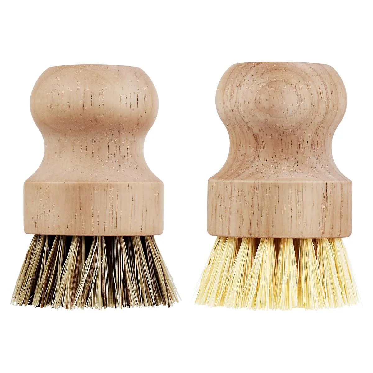 Two wooden-handled dish brushes with sisal and palm bristles