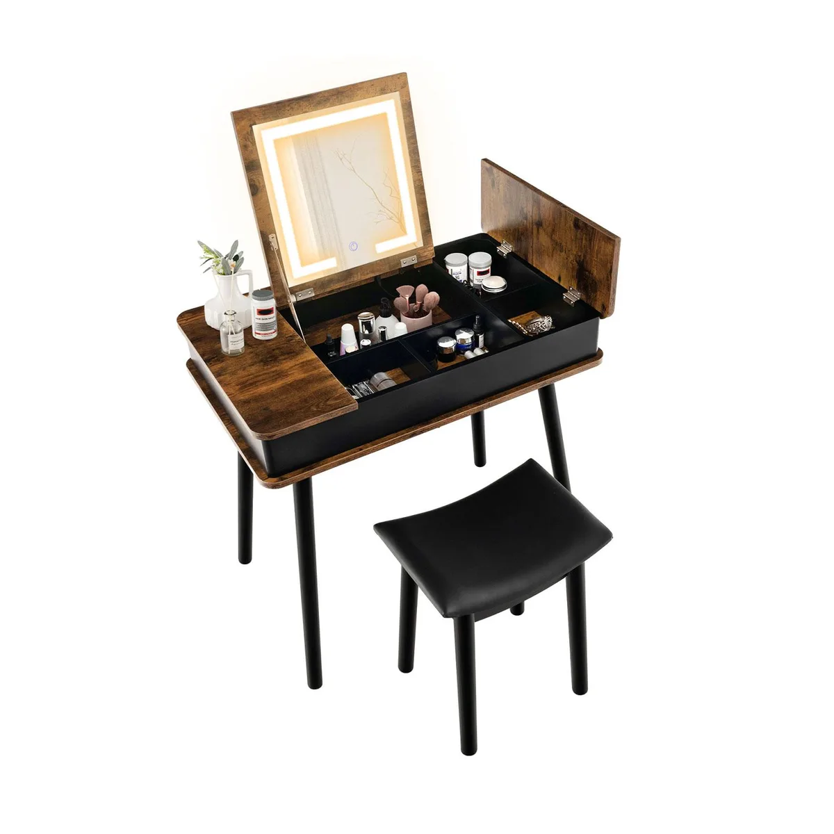 Brown vanity table with flip-top mirror, LED lights, USB port, and cushioned stool