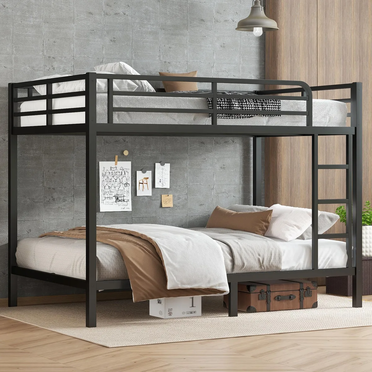 Black metal full-over-full XL bunk bed with guardrails and slats