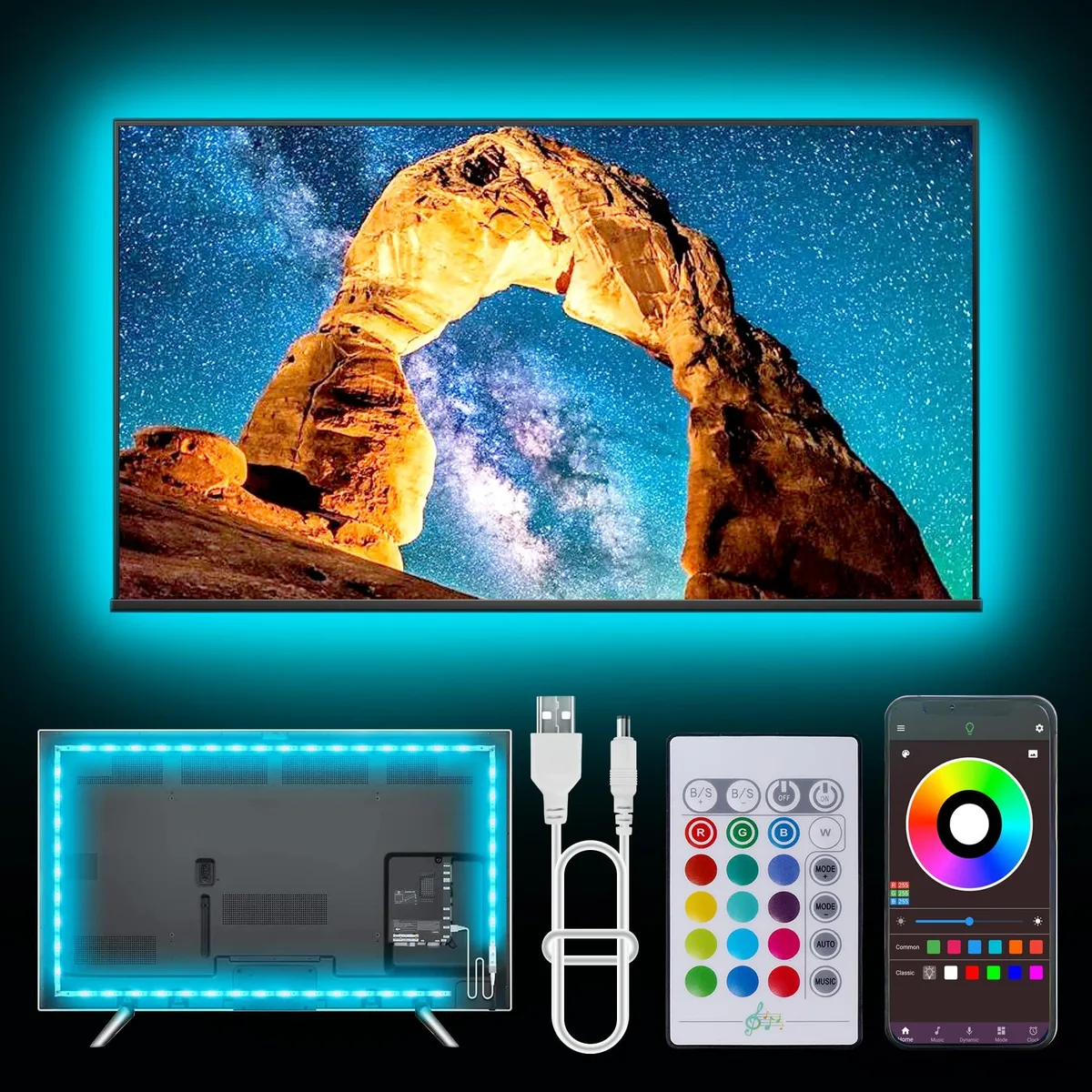 A 20 ft white LED strip light kit with USB power, remote and app control