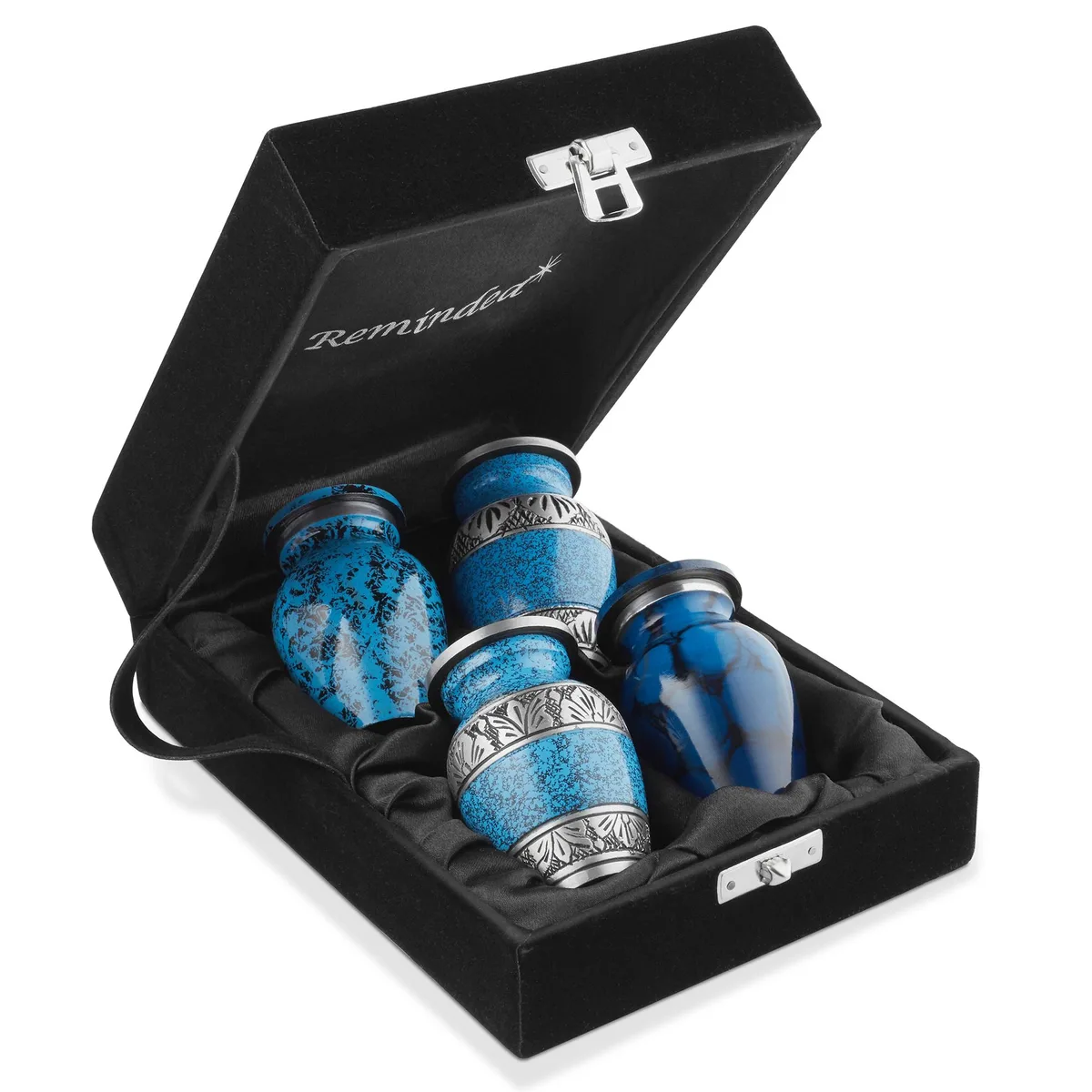 Reminded Reminded Mini Keepsake Urns Set of 4 Blue Silver Velvet Case 5.5 cu in — product photo