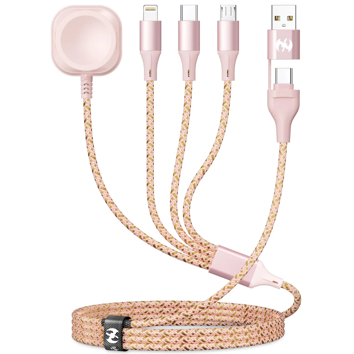 Rose gold nylon braided cable with Lightning, USB-C and magnetic Apple Watch connectors
