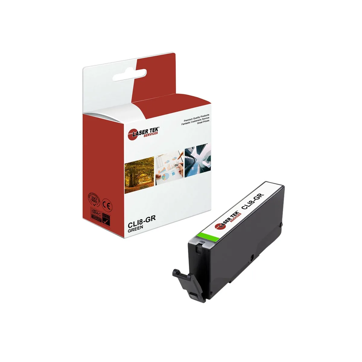 Green Canon CLI-8 compatible ink cartridge in sealed packaging