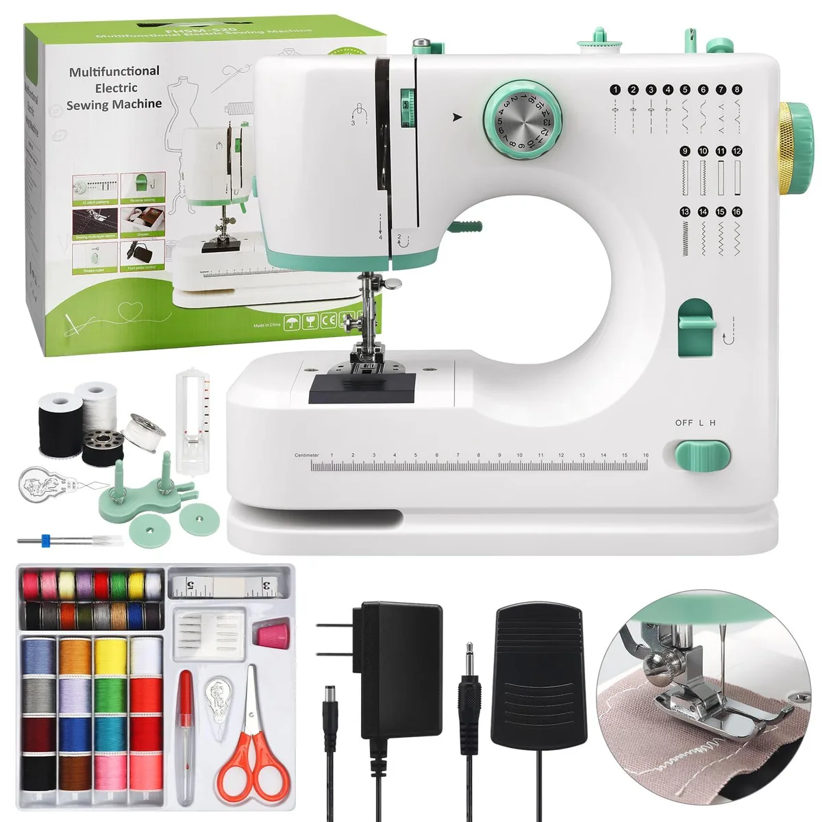 Compact green mini sewing machine with white accents, rectangular body, top-mounted handwheel, front stitch selector dial