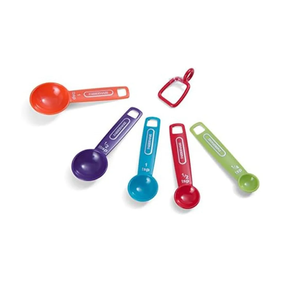 Five plastic measuring spoons on a ring, nested together
