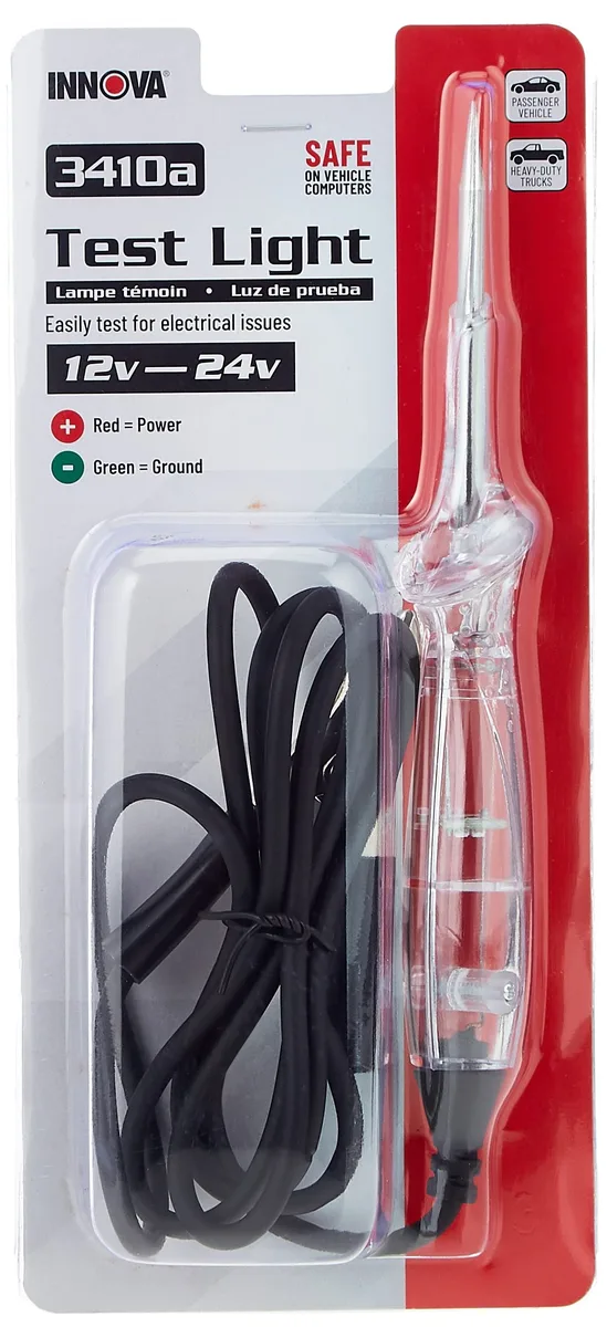 Transparent-handled circuit tester with red and green indicator lights and six-foot leads