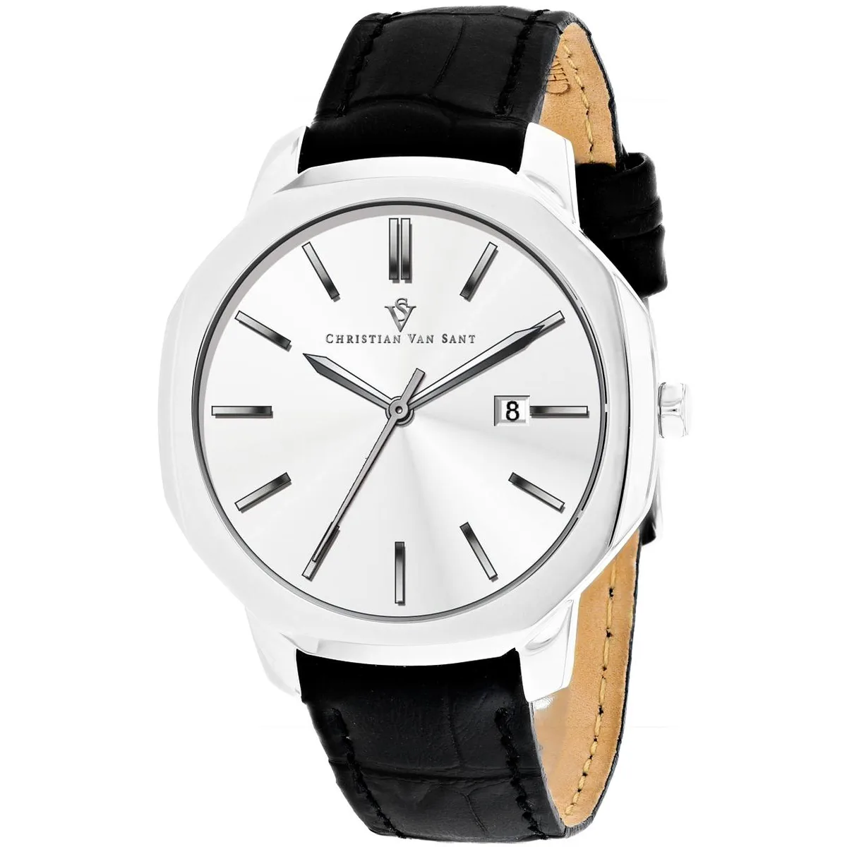Silver dial watch with slim stainless steel case and leather strap