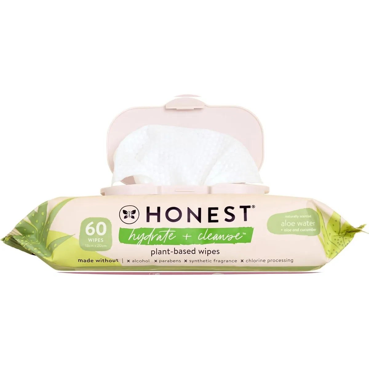 White rectangular pack of 60 plant-based wipes with aloe cucumber scent