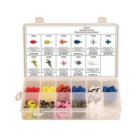 Plastic compartment box holding 154 coloured nylon moulding clips for Toyota and Lexus
