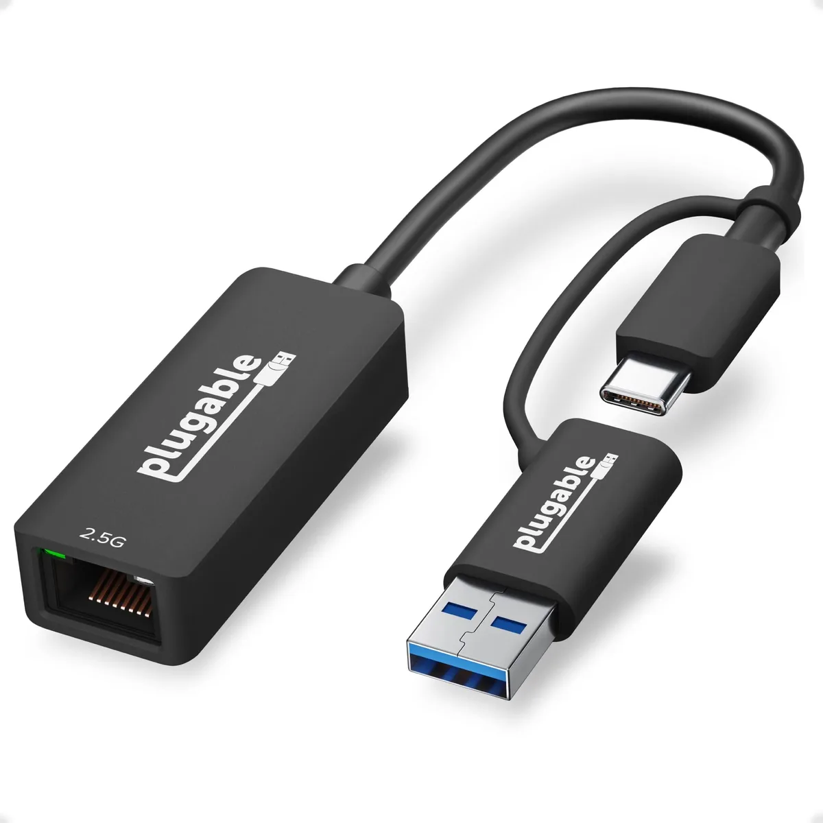 Compact black USB-C and USB-A Ethernet adapter with RJ45 port