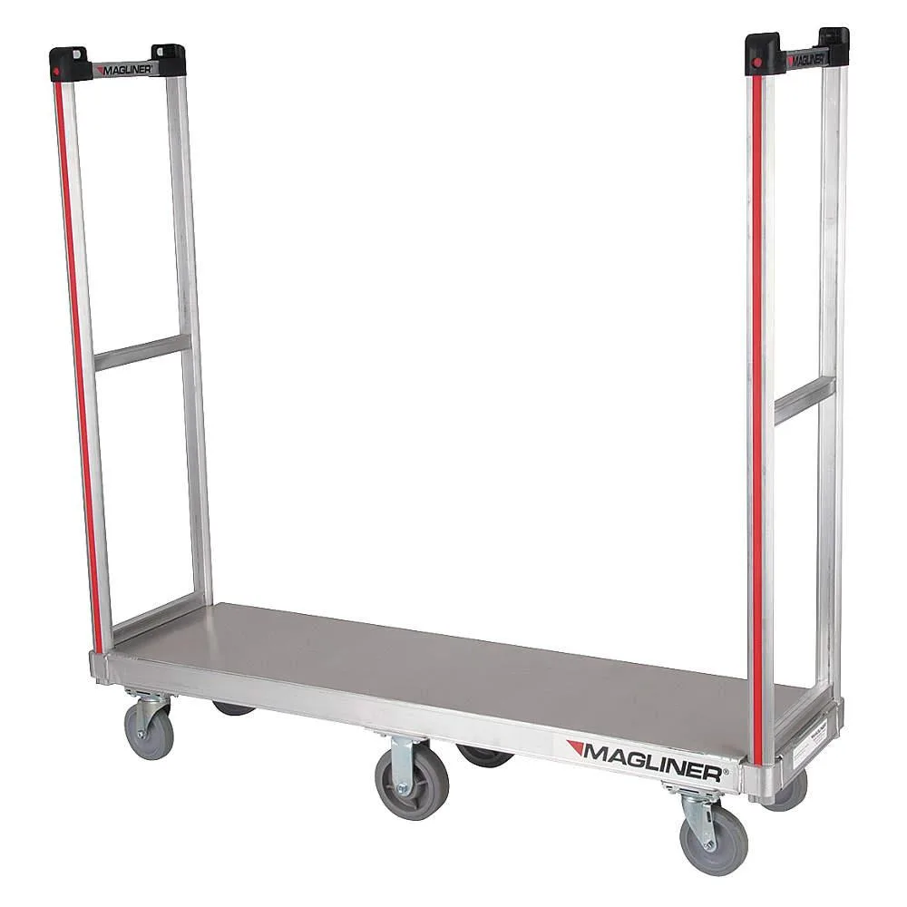 Silver aluminum platform truck with twin removable tall handles, 60 in deck, 16 in wide, 59 in overall height