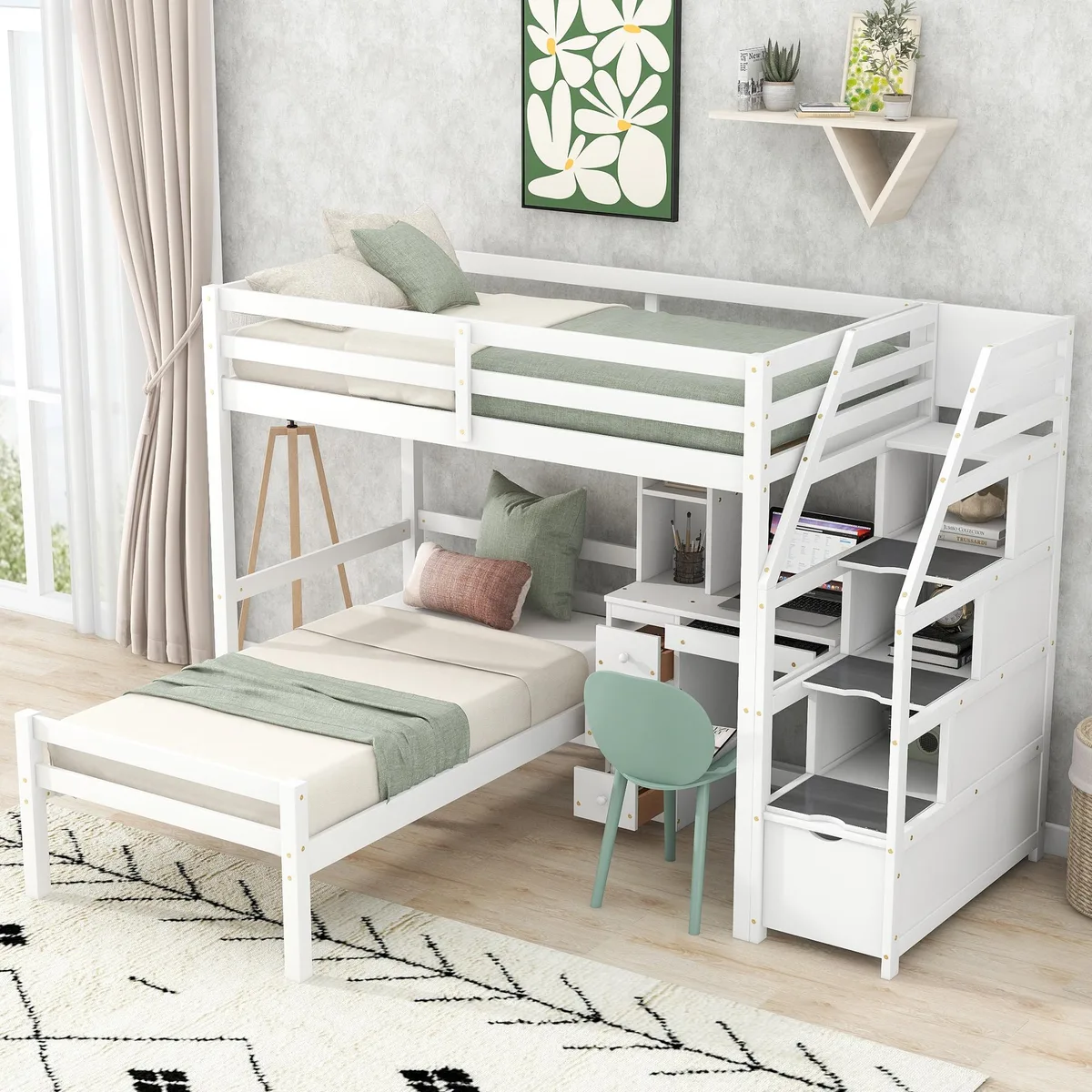 White pine twin loft bed with desk, drawers, shelves and storage staircase, plus separate platform bed