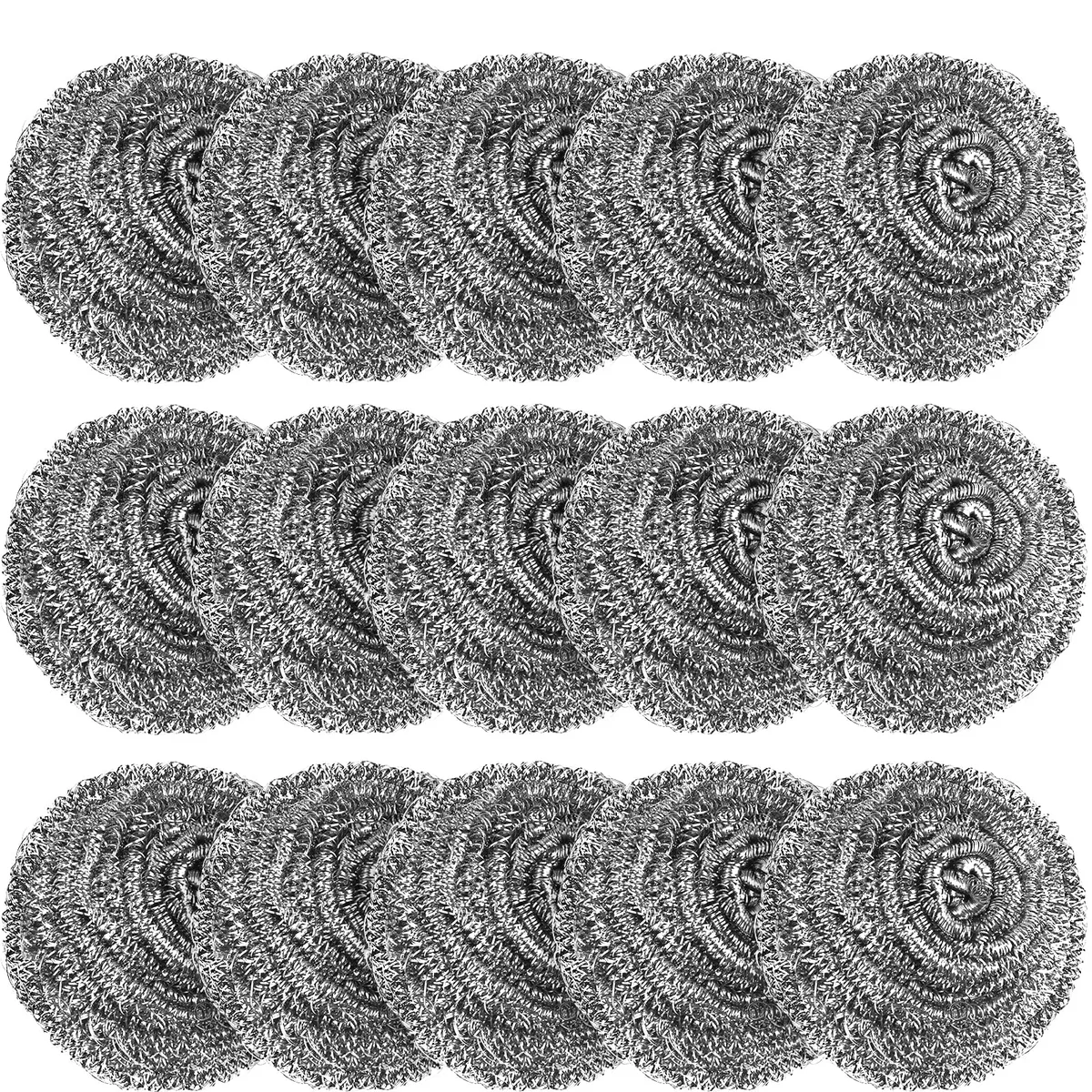 Fifteen coiled stainless steel scrubbers in a flat rectangular pack