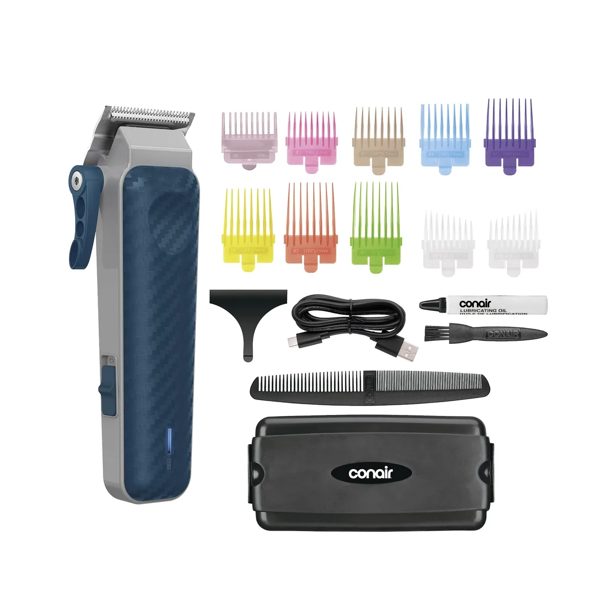 Blue rechargeable hair clipper with 17 pieces including 10 color-coded guide combs