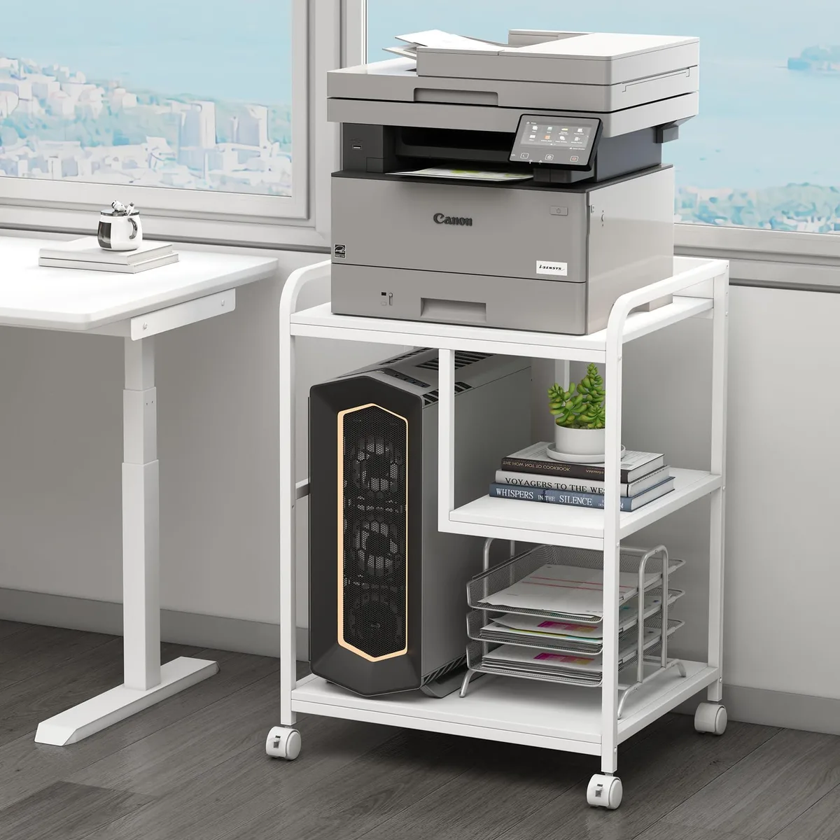  Large Printer Stand Table 3 Tier Rolling Cart White 22in x 18in x 31.89in — product photo