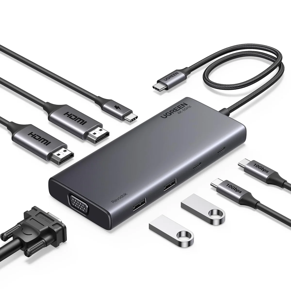 Compact grey rectangular dock, 134 by 57.6 by 16.1 mm, with two HDMI, VGA, two USB-A, two USB-C and PD ports
