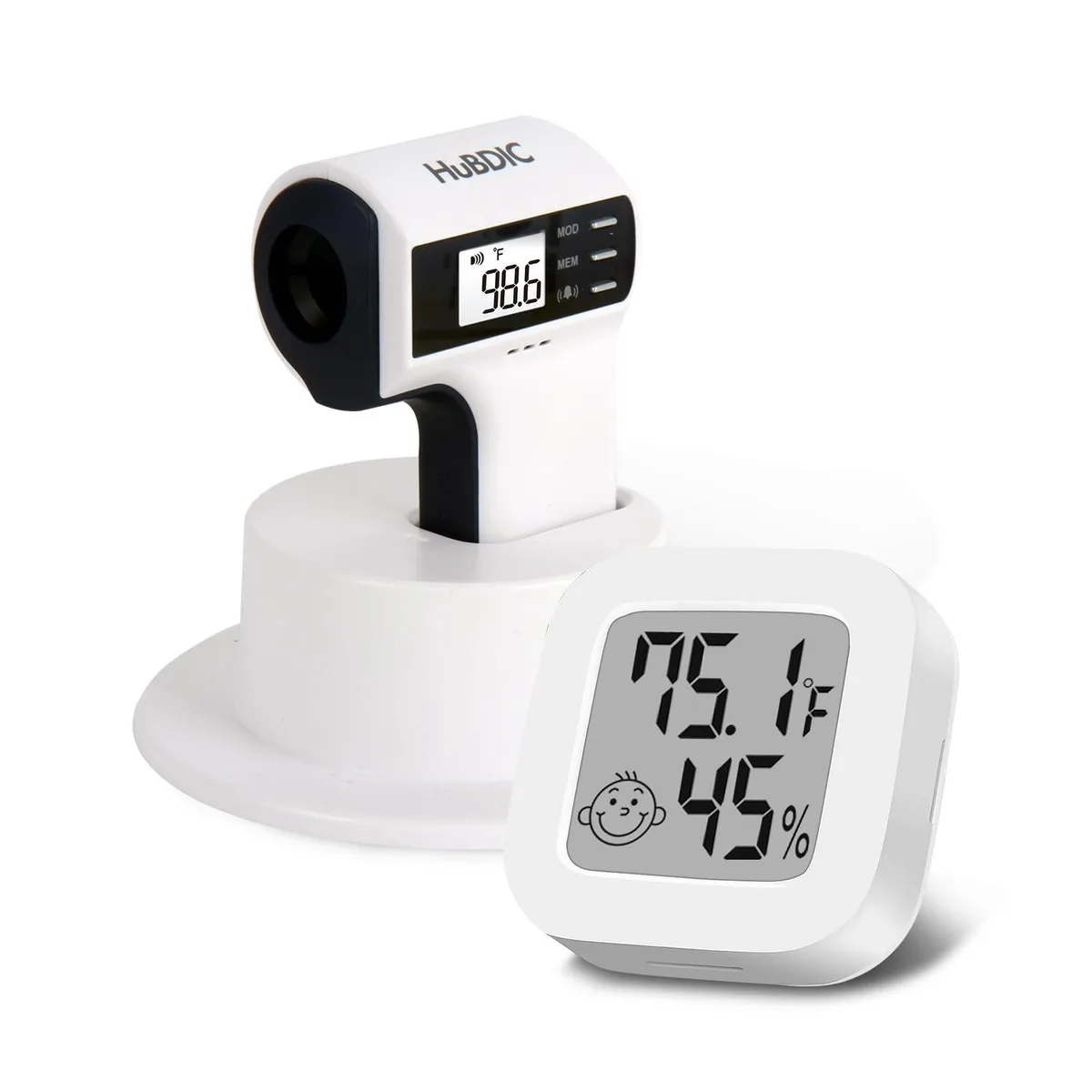 Black handheld infrared thermometer with digital display and single button control