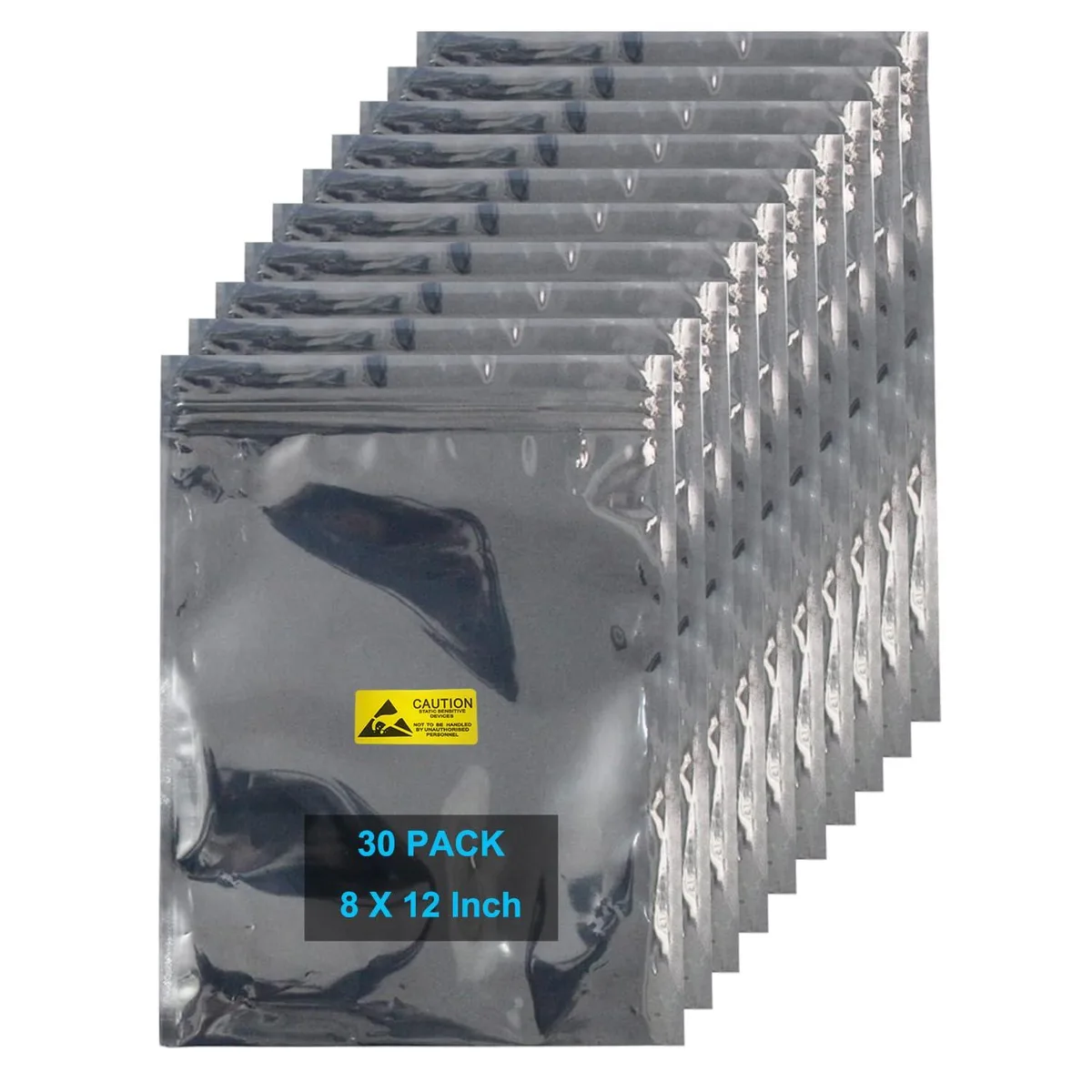 Pack of thirty resealable silver-grey antistatic bags with labels