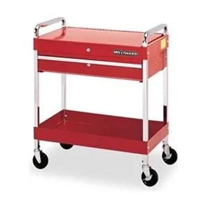 Red metal tool utility cart with one drawer, four wheels and side handle, 30 inches wide