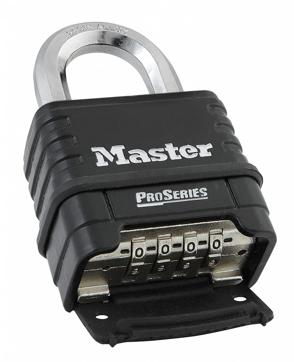 Black Master Lock combination padlock with four bottom dials and octagonal shackle