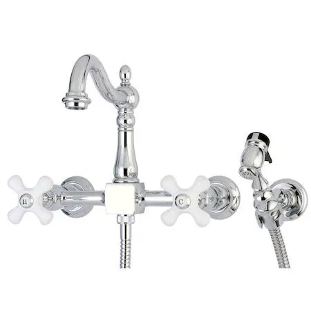 Polished chrome wall-mount kitchen faucet with 8-inch centerset design and swivel spout