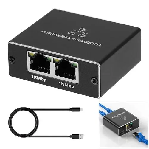 Black RJ45 splitter with two female ports, USB power cable, aluminium shell, gold pins