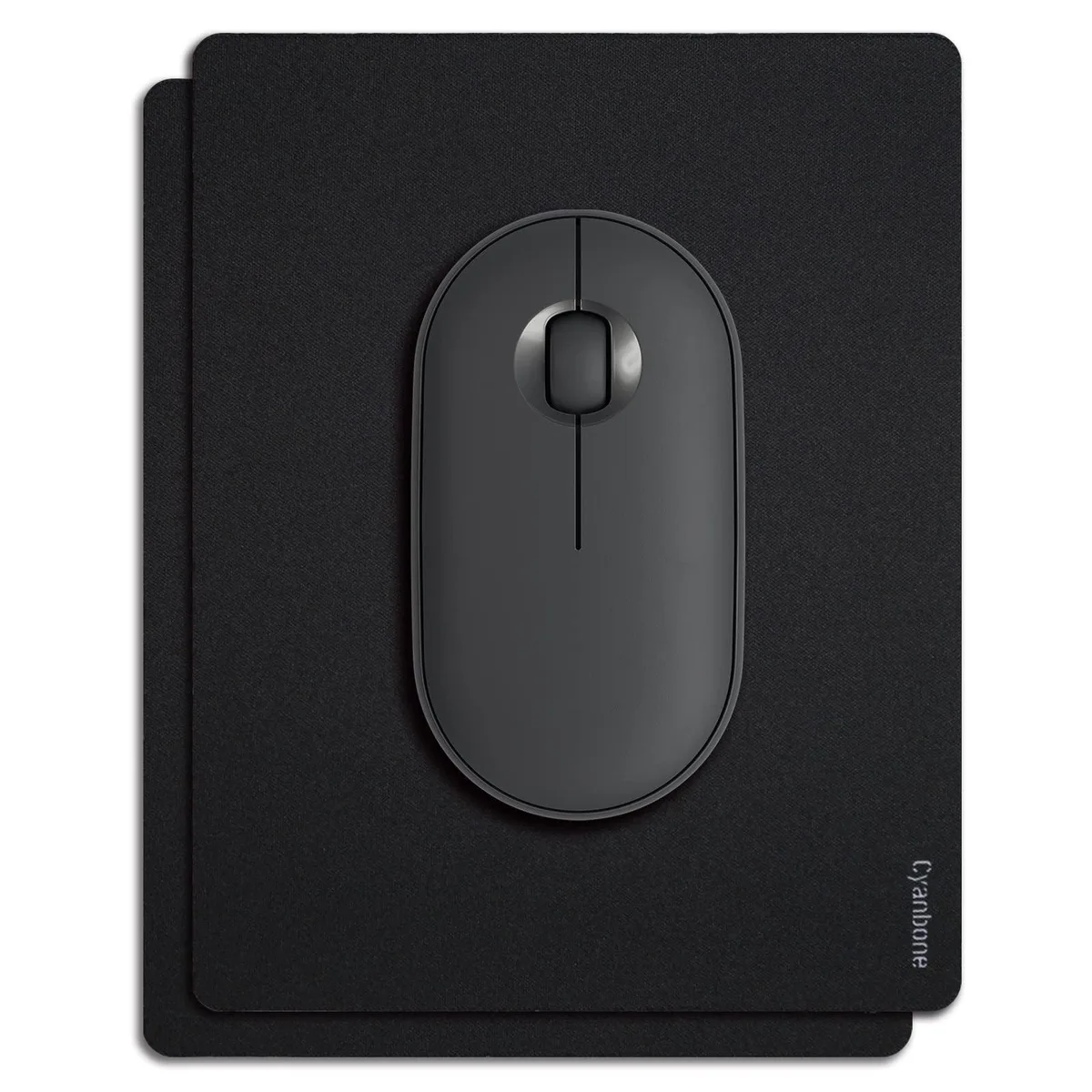 Two flat black rectangle mouse pads, thin fabric top, rubber base, side by side