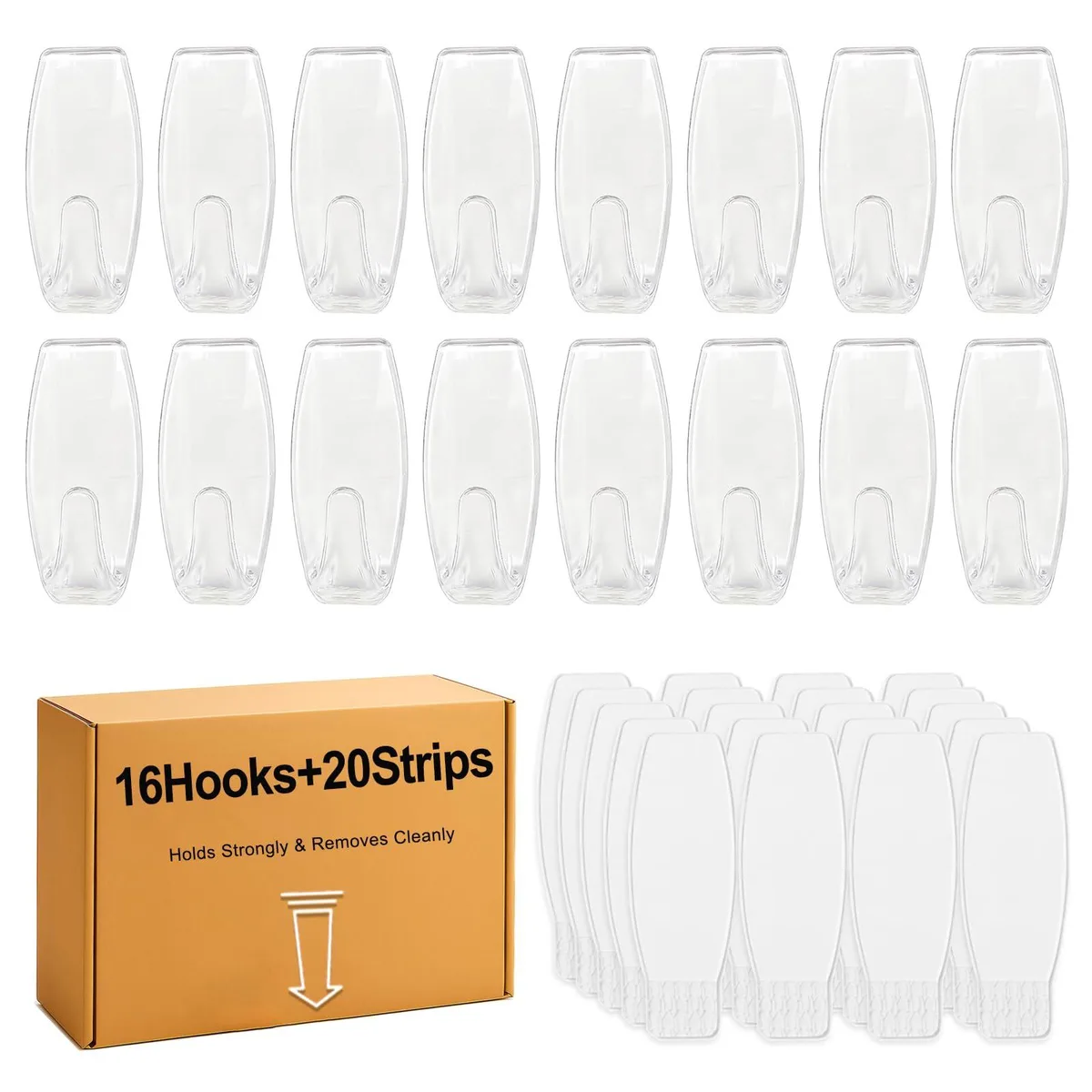 Sixteen clear plastic hooks with twenty adhesive strips in packaging