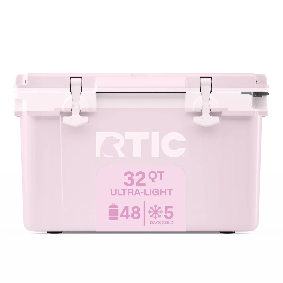 Pale pink rectangular hard cooler with integrated handles and drain plug