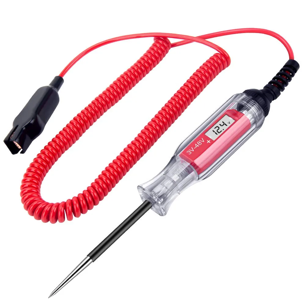 Hand-held digital circuit tester with white backlit LCD display, acetate fibre body