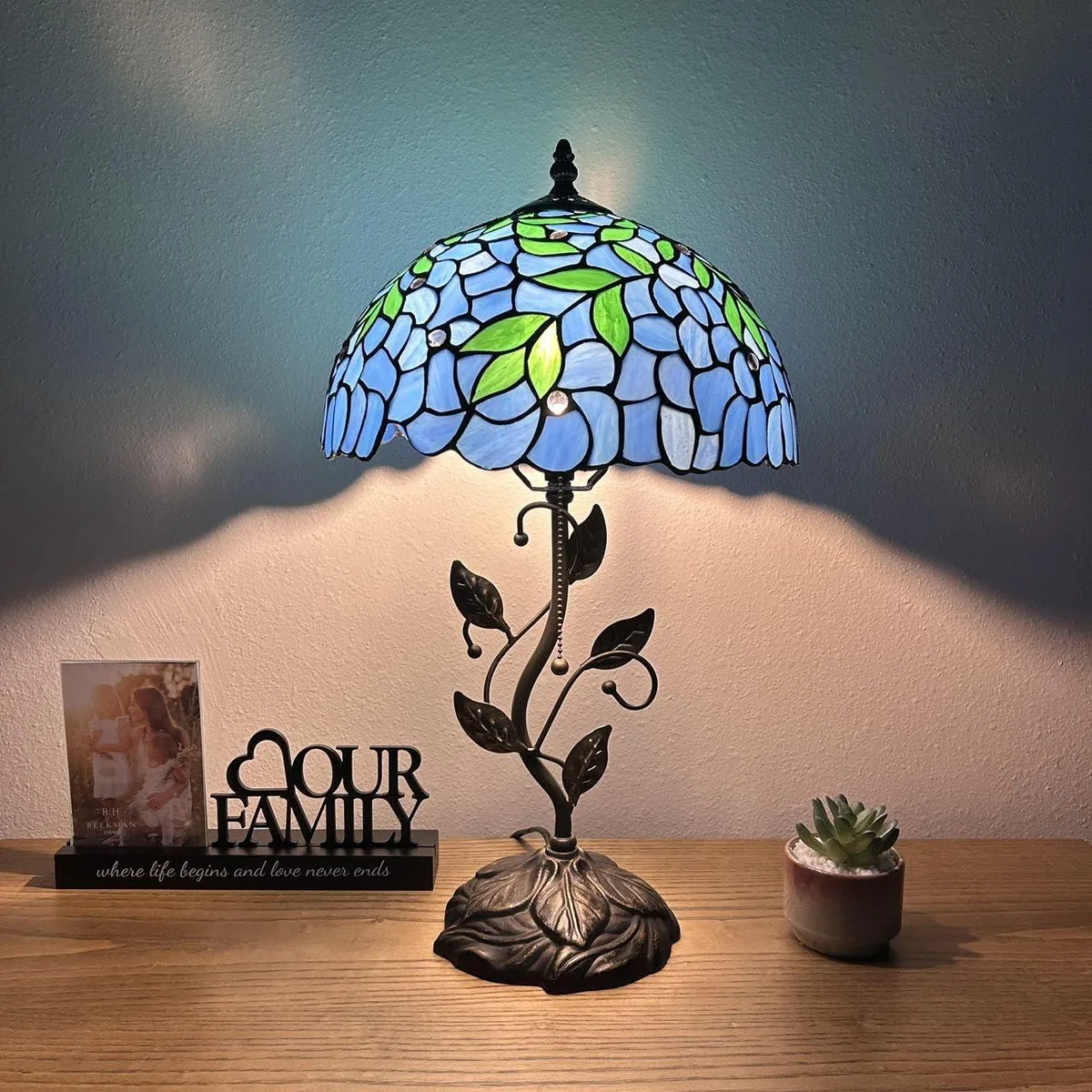 XIN CHENG TIFFANY LIGHTING XIN CHENG TIFFANY LIGHTING Tiffany Table Lamp Blue Stained Glass Green Leaves Bronze Base 12"W 22"H — product photo