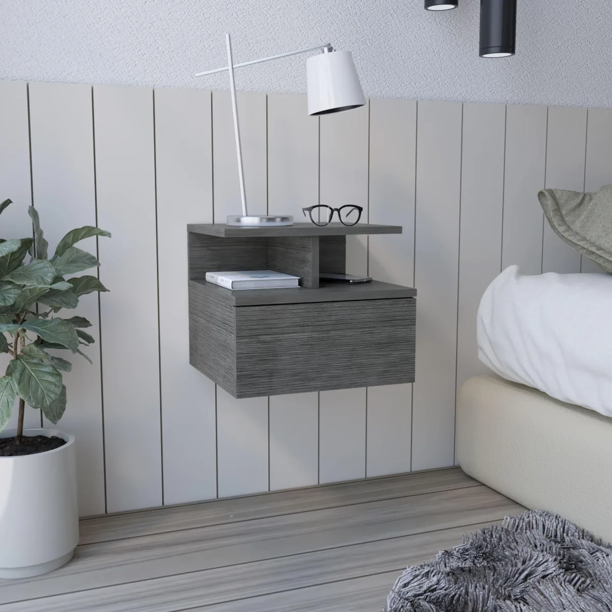 Wall-mounted brown engineered wood nightstand with drawer and open shelves