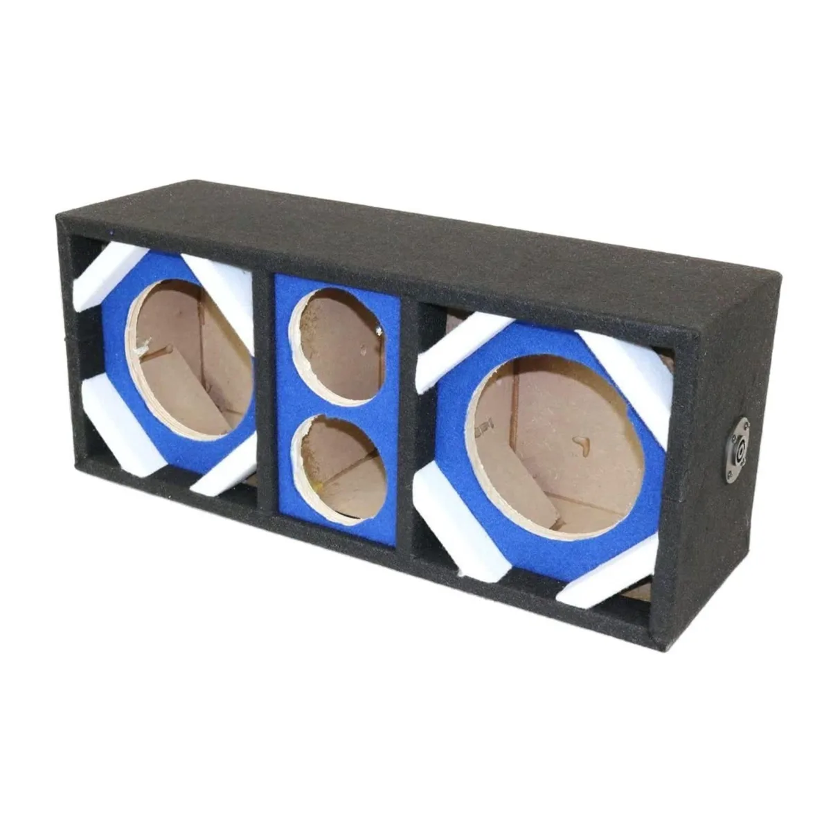 Blue empty speaker enclosure with two 6-inch woofers and two tweeters