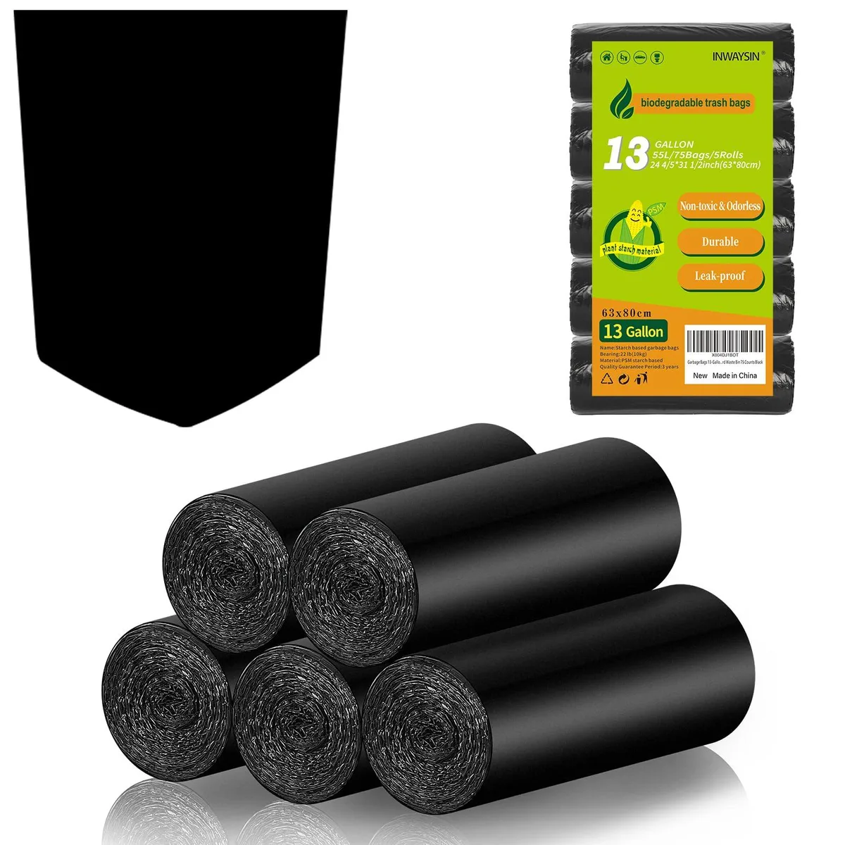 Black biodegradable trash bags on a roll, 75-count pack