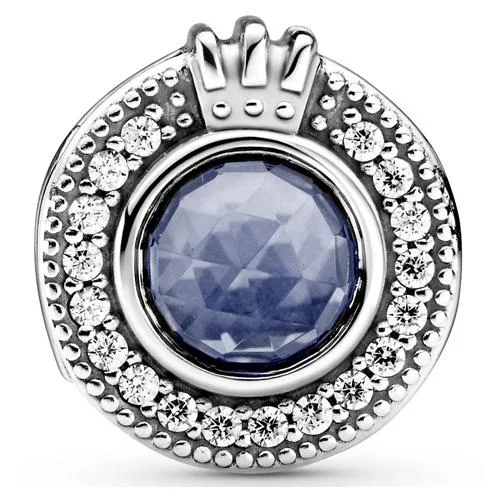 Sterling silver crown O charm with blue crystals and clear cubic zirconia