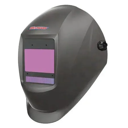 Gray auto-darkening welding helmet with digital controls and five-point headgear