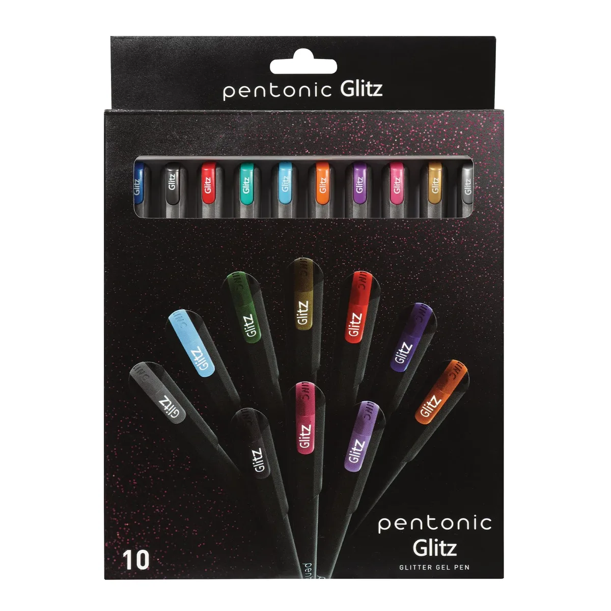 Ten glitter gel pens in assorted colours, matte black barrels, silver tips