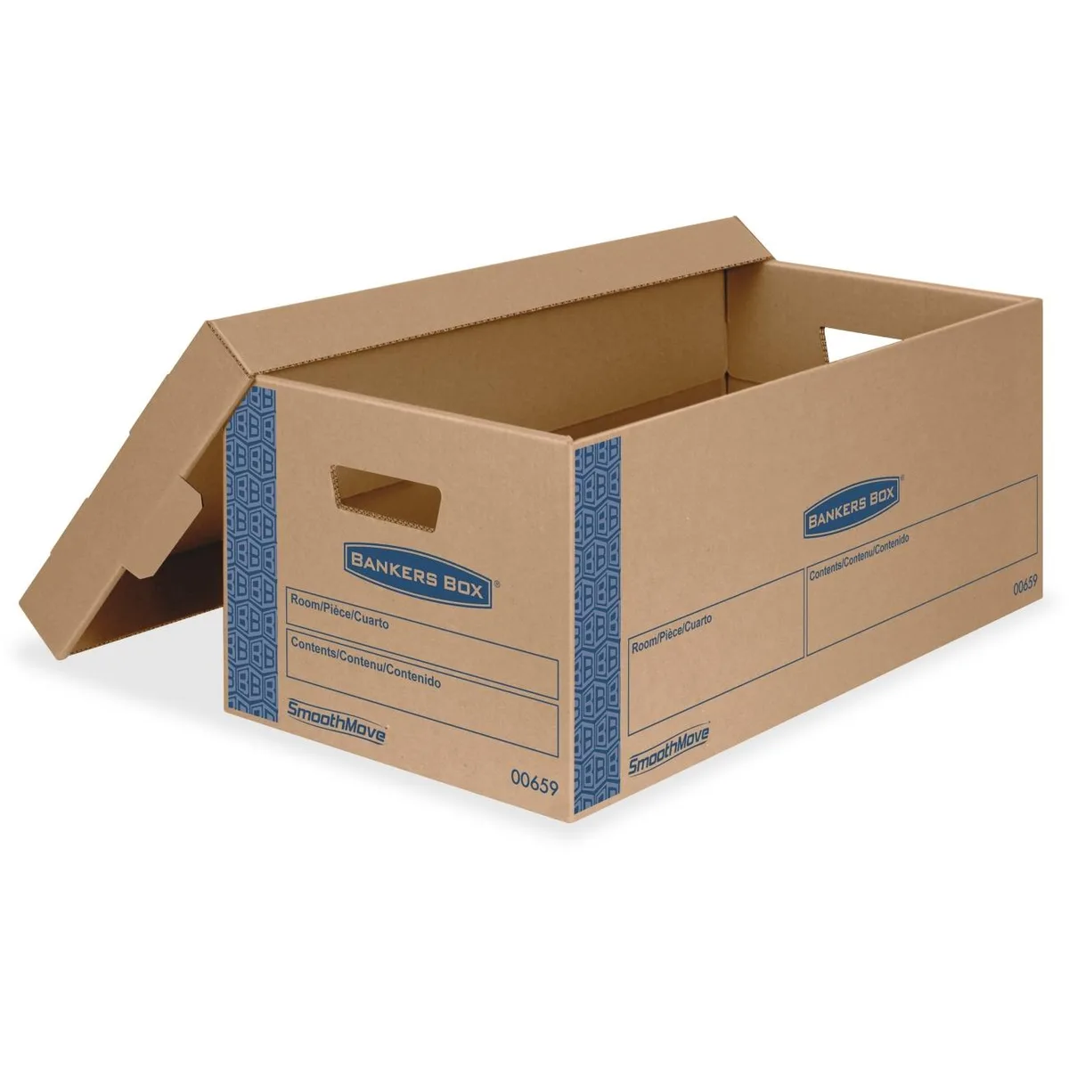 Eight kraft corrugated boxes with lift-off lids and carry handles, packed flat in a carton