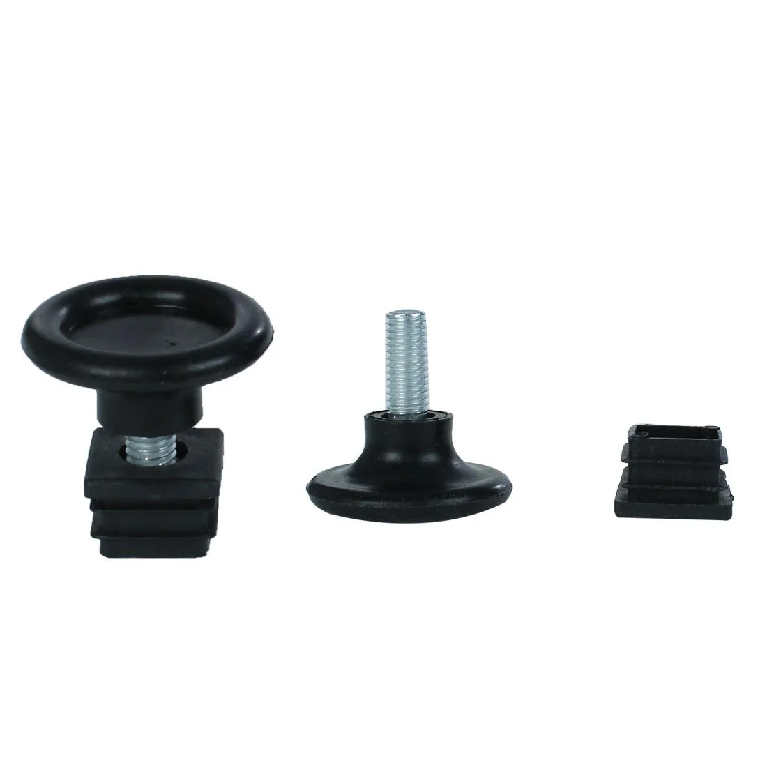 Two sets of black plastic square tube inserts with adjustable threaded feet, twenty millimetre size