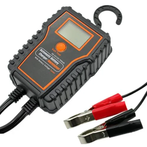 Compact black battery charger with LCD screen and clamps